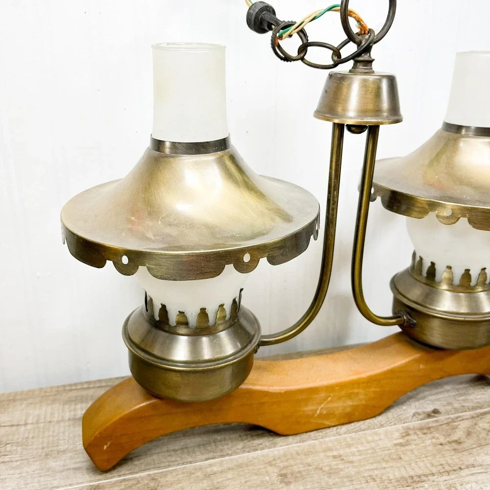 Vintage Western Horse Yoke Brass and Wood Light Fixture